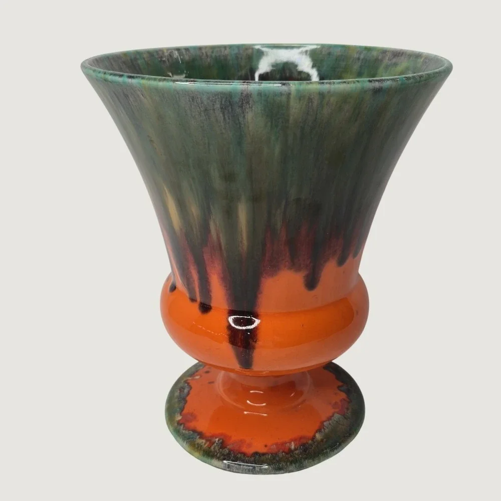 Lane & Co Pottery Vase 1961 MCM Orange Green Drip Glaze Psychedelic Vintage 7.5